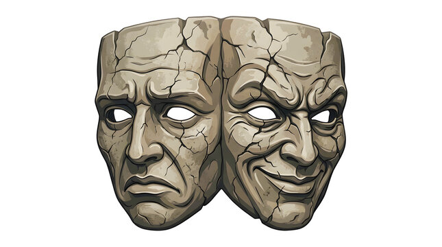 Dual tragedy and comedy stone theater masks showing cracked ancient marble texture for theatrical drama icon or greek heritage performance graphics.
