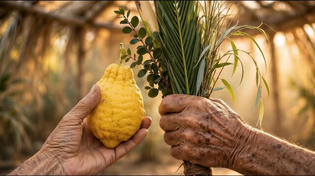 Reverent Hands Holding Lulav And Etrog For Ritual