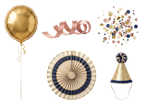 Golden balloon with pink ribbon confetti blue paper fan and party hat set against transparent background for festive birthday celebration design.