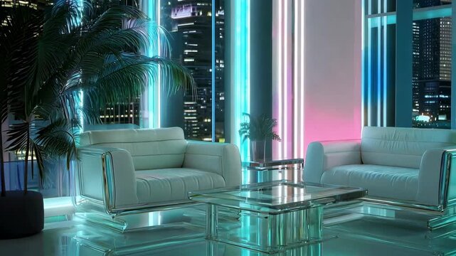 Two modern sofas and a glass table are arranged in a bright space with neon lights in a city at night