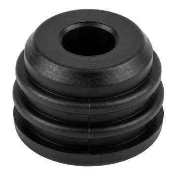 Black rubber industrial grommet featuring a circular stepped design isolated on white background for mechanical engineering and automotive repair use