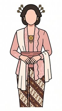 Traditional Indonesian Javanese Clothing Set with Kebaya Blouse and Batik Skirt Fashion Illustration