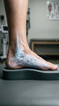 Skeletal ankle scan: flat foot, medical orthopedics, arch support, corrective insole, bone structure, examine joint, heel posture, diagnostic therapy.