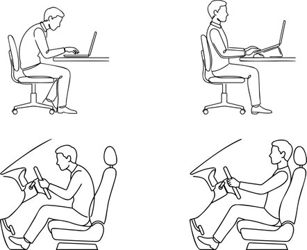 Ergonomic posture comparison vector illustration showing correct and incorrect sitting positions for computer work and driving in a vehicle