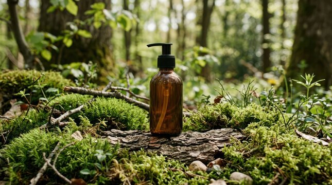 Natural Skincare Product Bottle Placed on Mossy Log in Forest Setting.