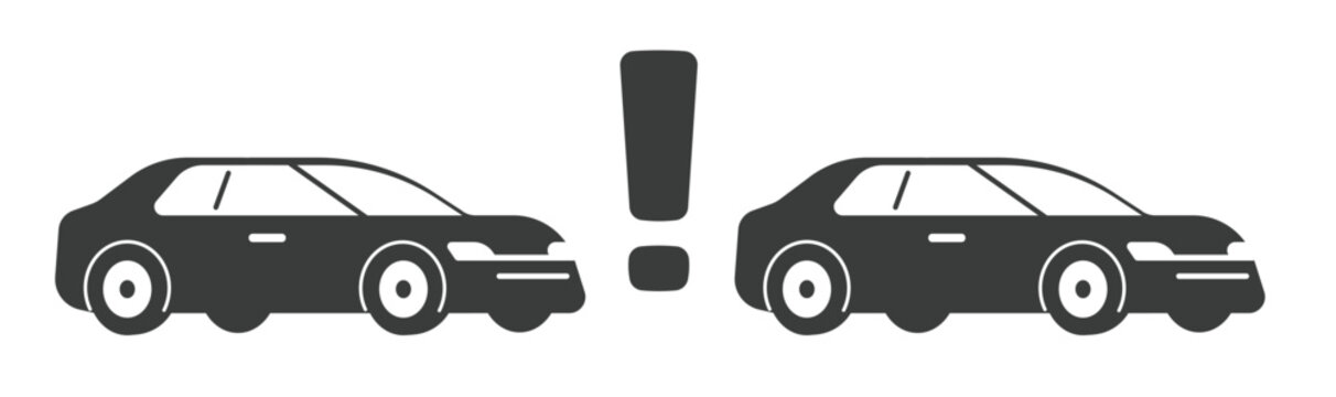Car distance control warning icon with two vehicles shapes and exclamation sign for auto dashboard ui, tailgating collision safety, close drive alert attention caution, automobile accident risk danger