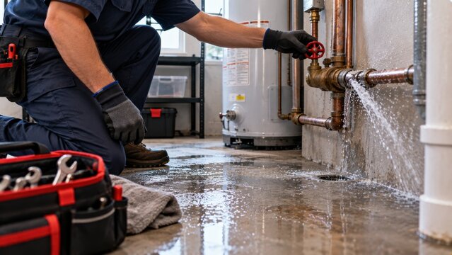 Cropped plumber in gloves turning off red valve on leaking copper water pipe inside basement utility room.