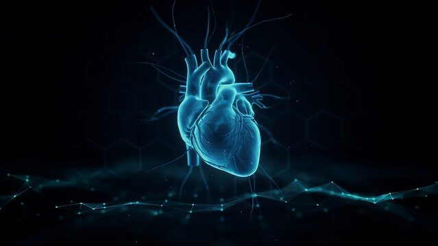3d glowing human heart with blood vessels in dark space