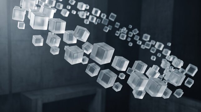 Translucent glass cubes floating in a circular formation against dark background