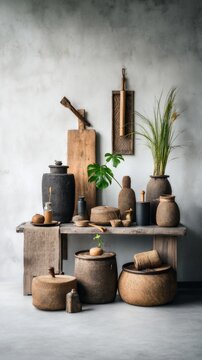 Rustic wooden display with various pottery and greenery