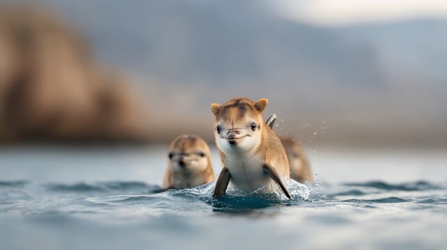 Playful pups swim in ocean, a group of adorable creatures splashing through the water