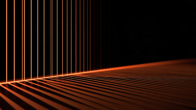 Vertical wooden beams casting shadows on dark surface in warm light  