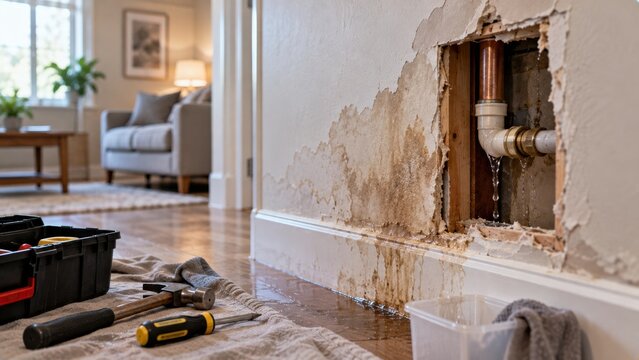Damaged drywall with leaking pipe inside wall showing water damage on plaster beside plumbing tools on floor.
