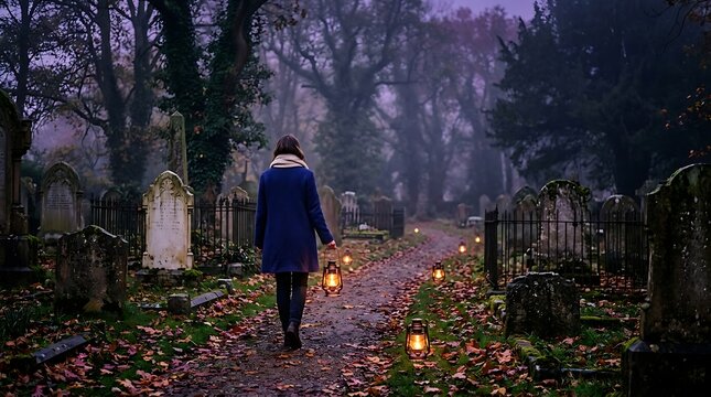 A solitary woman walks through an old graveyard with a lantern at dusk.