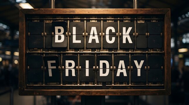 Vintage mechanical split flap display board showing black friday text in a dark industrial setting