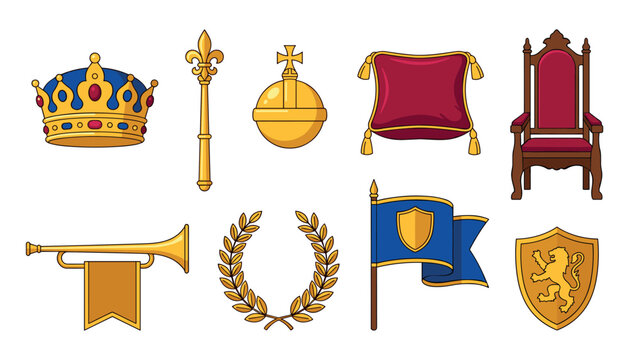 Royal Medieval Regalia Vector Element Set Featuring Golden Crown Scepter Globus Cruciger Throne Laurel Wreath Trumpet Flag and Shield for Kingdom Heraldry Game Designs