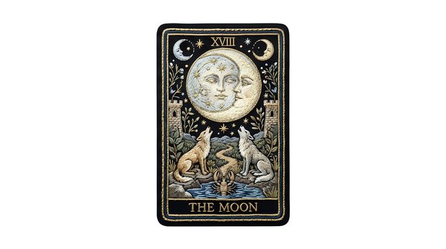 The Moon tarot card featuring celestial moon face with mystical symbolism, ornate border design, and classical occult artwork for divination, spiritual practices, and esoteric studies