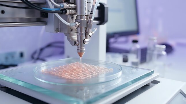 Bioprinter depositing cellular material onto glass substrate in laboratory setting for tissue engineering and regenerative medicine research applications