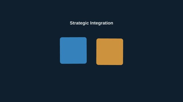 Minimalist motion graphic featuring the text 'Strategic Integration' with a blue and orange square icon on a dark navy background, representing business synergy and corporate planning.