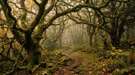 Obraz premium Mystical Forest Path: An ancient, moss-covered forest path winds through gnarled, entwined trees, creating an enchanting and mysterious atmosphere in the soft, diffused light.
