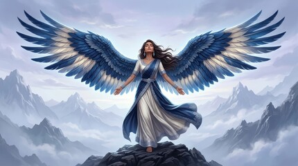 Obraz premium Angel's Benediction: A majestic winged figure stands atop a rocky peak, wings spread wide against a celestial sky, bestowing a sense of divine peace and protection.