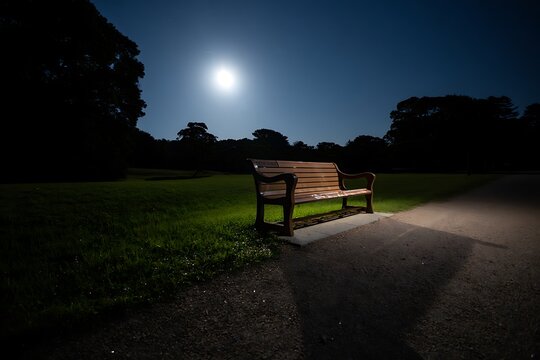 Empty wooden bench under moonlight at night