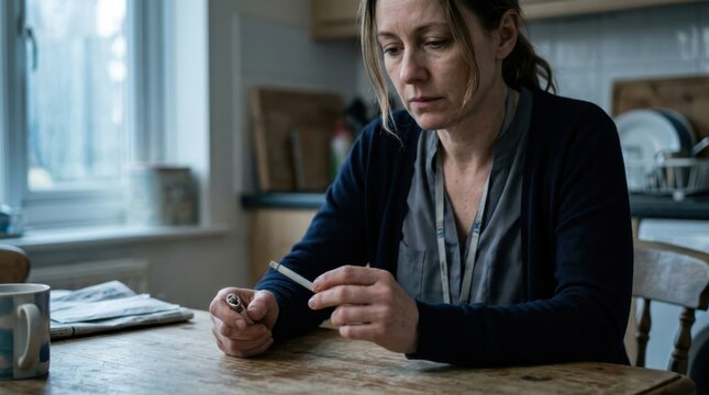 Sadness and Solitude: A woman sits alone at a wooden table, her gaze downcast, holding a cigarette with a pensive expression, conveying a deep sense of sadness and isolation.