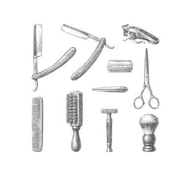 Classic shaving and haircut tools engraved line art collection