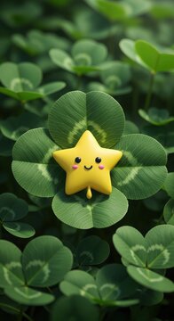 A cheerful, yellow cartoon star with a happy face rests on a vibrant green four-leaf clover, symbolizing luck, fortune, and positive energy in a close-up, macro nature setting