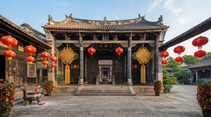 Fototapeta premium Ancient Chinese Courtyard Temple: A traditional courtyard temple adorned with vibrant red lanterns and ornate golden decorations.