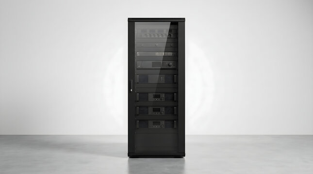 A professional av rack loaded with advanced technology hardware equipment in a modern bright server room