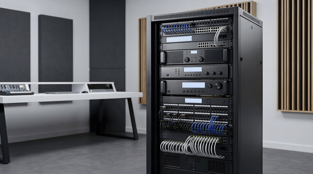 A fully wired av rack installed in a professional audio recording studio with network switches and amplifiers.