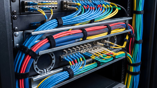 Av rack with neatly organized and managed colorful cables connected to network switches and patch panels