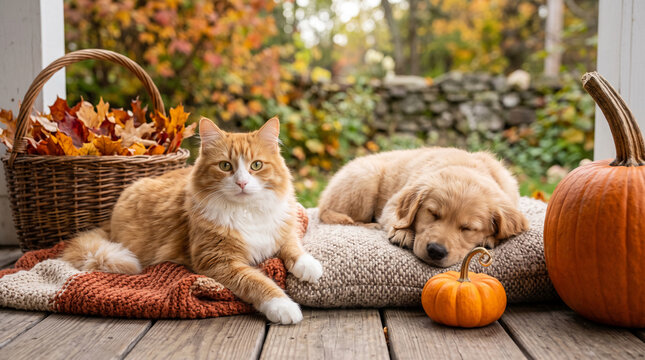 Orange cat and golden puppy resting with pumpkins and fall leaves, symbolizing autumn, coziness, and companionship