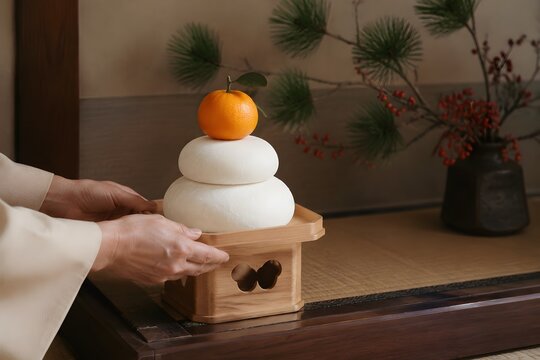 和室の床の間に鏡餅を飾る正月準備素材