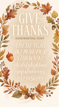 Autumnal font showcase with leaves and acorns, highlighting "Give Thanks" and alphabets, evoking harvest and gratitude. free space for text.