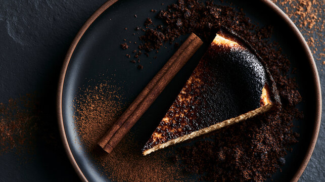 Burnt basque cheesecake slice served on black plate with cinnamon sticks and dark chocolate dust