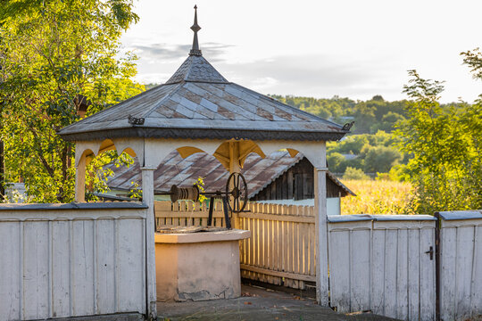 Traditional water well in a rural Romanian village