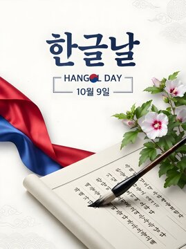Hangeul day celebration with korean flag and writing brush