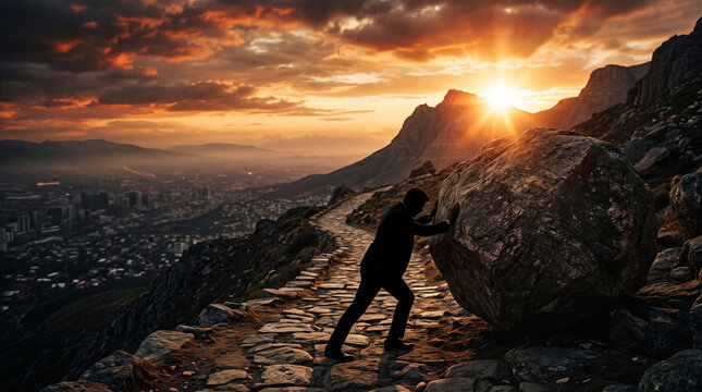 Silhouette of man pushing boulder up mountain path at sunset, symbolizing struggle, perseverance, and achievement against challenging backdrop.