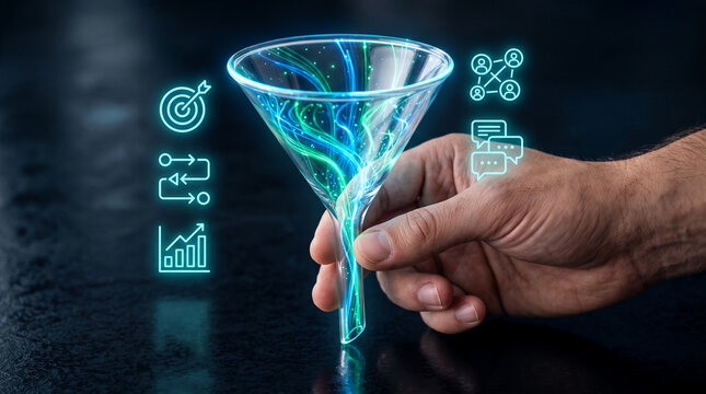 Hand holding funnel with glowing abstract lines, symbolizing data processing, workflow, and optimization, representative of business and technology