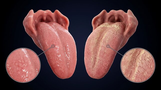 Comparison of a healthy human tongue with a dry, fissured tongue, highlighting differences in texture and appearance.