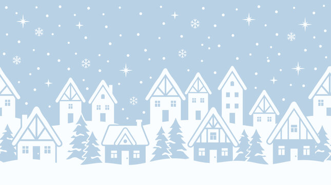 A charming and delightful christmas background vector illustration featuring a quaint winter village scene covered in gently falling snowflakes perfect for holiday designs