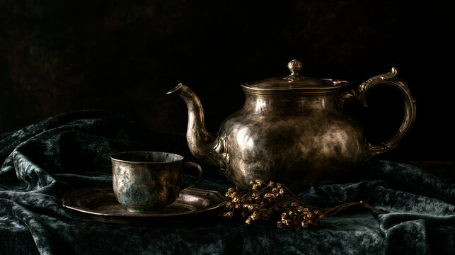 Antique silver teapot and cup sitting on dark teal velvet fabric in a moody still life