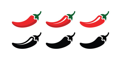Obraz premium Spicy Chili Pepper Icons Featuring Red and Black Silhouette Designs with Stems for Culinary Food Graphics, Restaurant Menus, Food Packaging, Labels and Kitchen Branding
