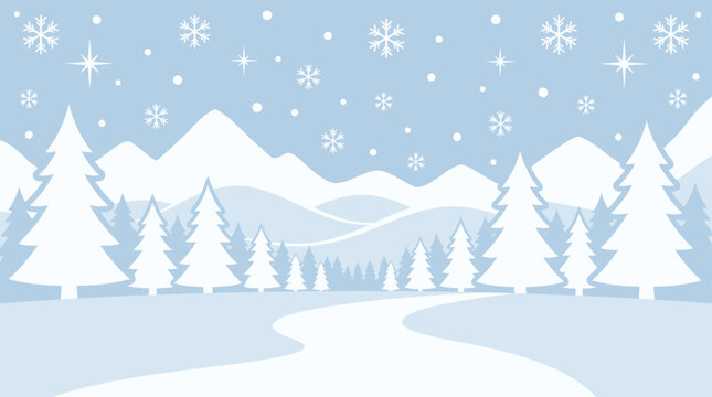 A serene and beautifully illustrated christmas background vector depicting a peaceful winter wonderland scene with snow covered trees and a gently winding path