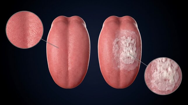 Comparison of a healthy human tongue with one affected by a white lesion, likely oral thrush or candidiasis.