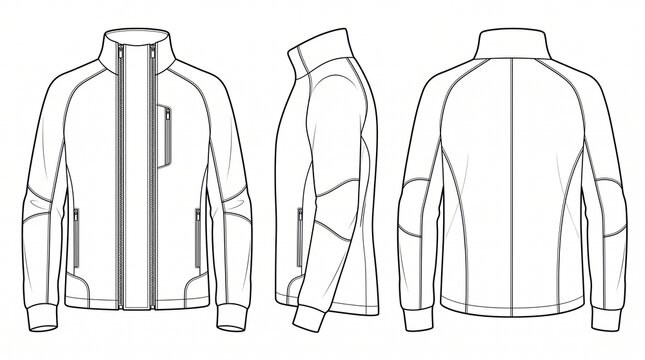 Men's Sport Jacket Technical Flat Sketch Vector Template with Front Side and Back Views