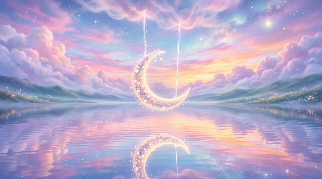 Dreamy surreal pastel landscape with glowing crescent moon swing reflecting on calm water.