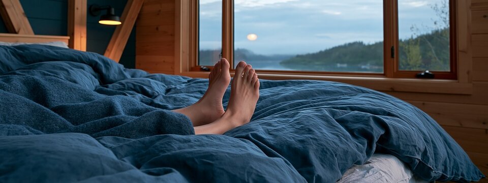 Relax in cozy cabin bed with mountain view and feet under warm blanket